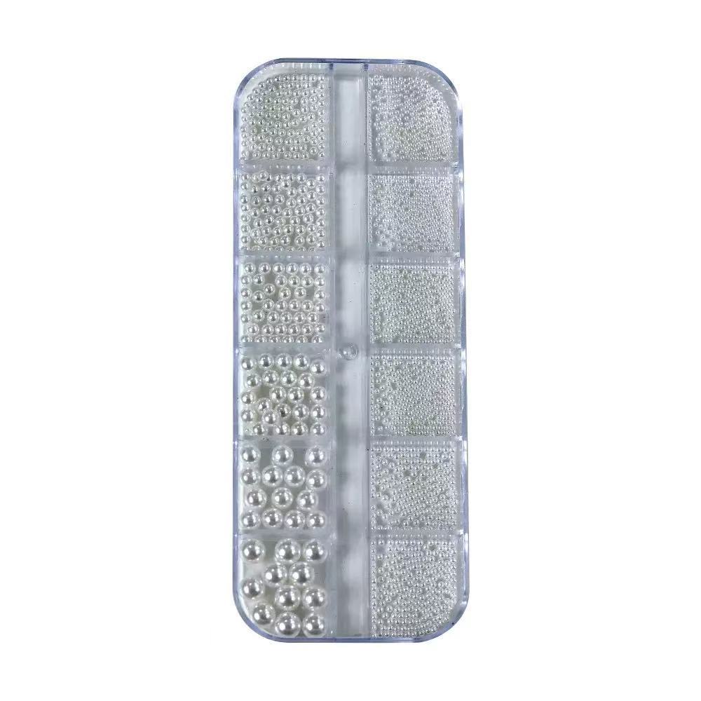 12 Grid Japanese Style Nail Art No Hole Pure White Colorful Highlight Pearl Dry Round Pearl Flat Bottom Bright White Mini Pearl