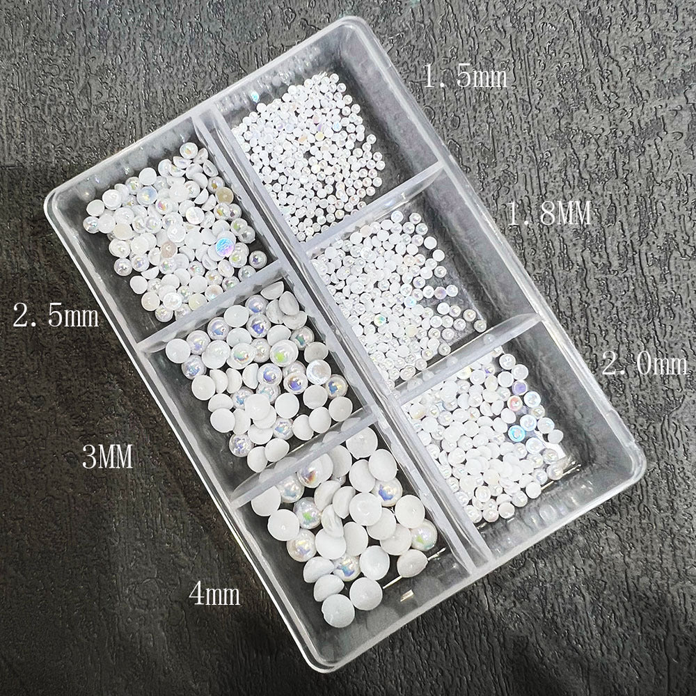 Nail Art Half Round Pearl Decorations 1.5-6mm Off-White AB Iridescent Japanese Style Flat Bottom Pearl Rhinestones Bagged Nail Decorations