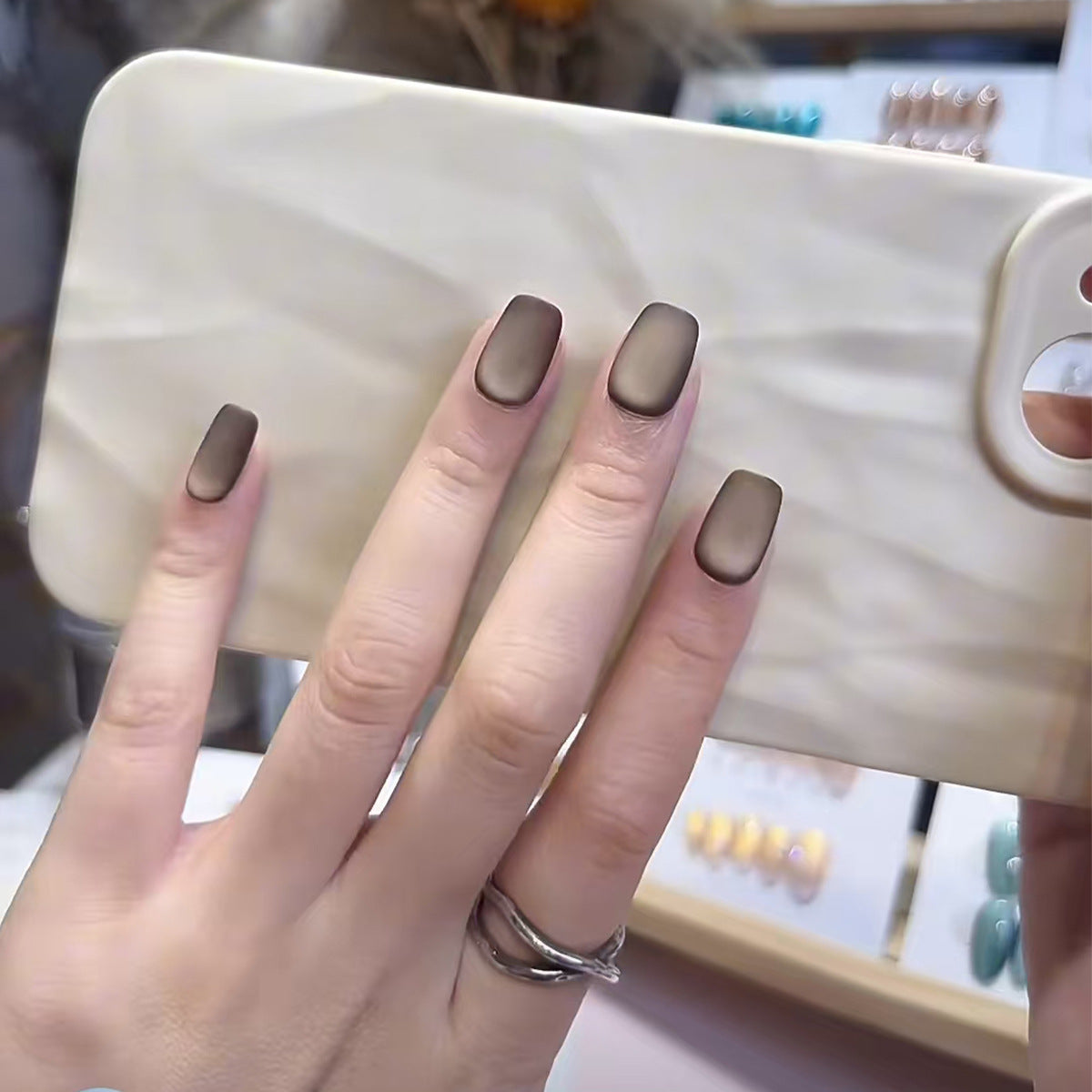 30Velvet Matte Frosted Coffee Cat Eye Wearable Nails Short Green Enhancing Fairness ins Wind Nail Stickers Fake Nails