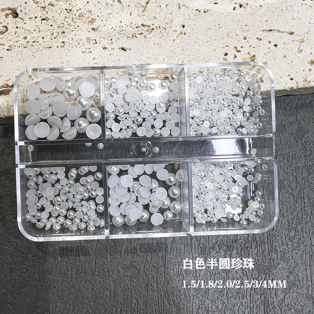 Nail Art Half Round Pearl Decorations 1.5-6mm Off-White AB Iridescent Japanese Style Flat Bottom Pearl Rhinestones Bagged Nail Decorations