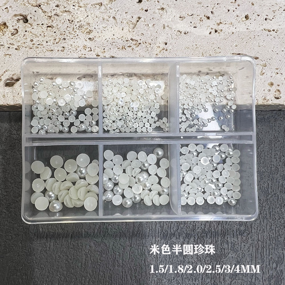 Nail Art Half Round Pearl Decorations 1.5-6mm Off-White AB Iridescent Japanese Style Flat Bottom Pearl Rhinestones Bagged Nail Decorations