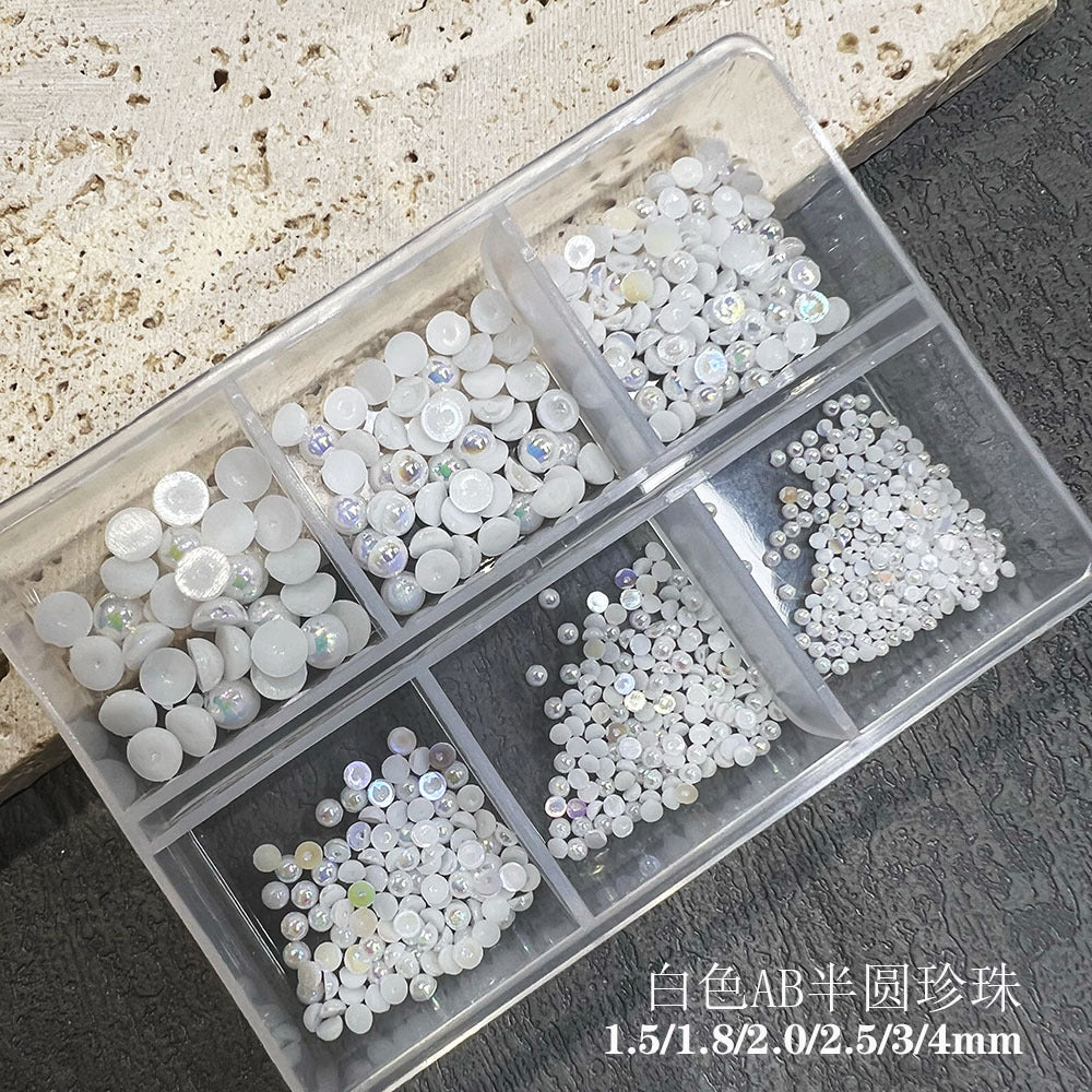 Nail Art Half Round Pearl Decorations 1.5-6mm Off-White AB Iridescent Japanese Style Flat Bottom Pearl Rhinestones Bagged Nail Decorations