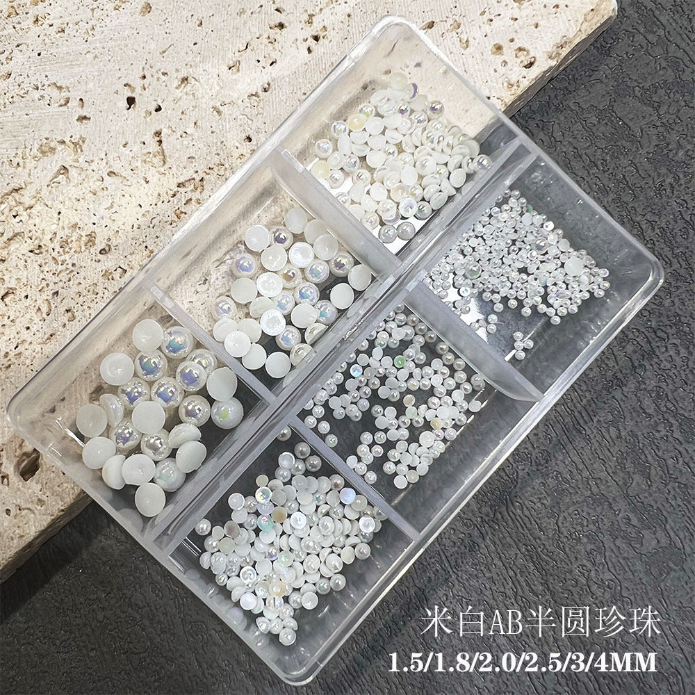 Nail Art Half Round Pearl Decorations 1.5-6mm Off-White AB Iridescent Japanese Style Flat Bottom Pearl Rhinestones Bagged Nail Decorations