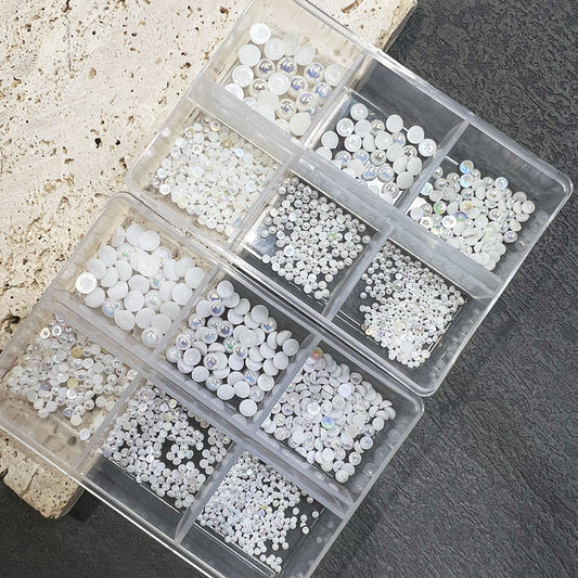 Nail Art Half Round Pearl Decorations 1.5-6mm Off-White AB Iridescent Japanese Style Flat Bottom Pearl Rhinestones Bagged Nail Decorations
